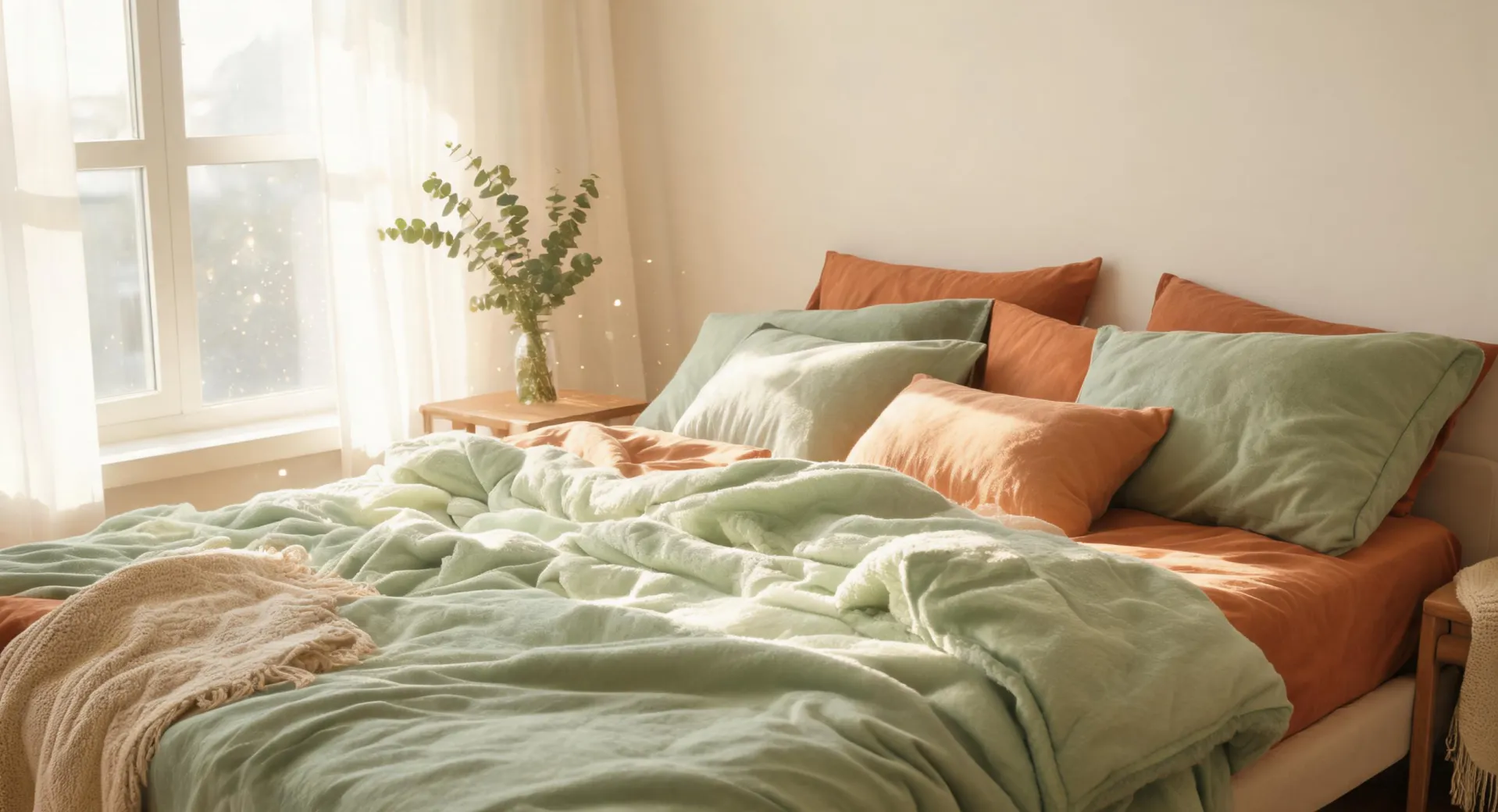 Layered Buffy bedding in a sunny bedroom